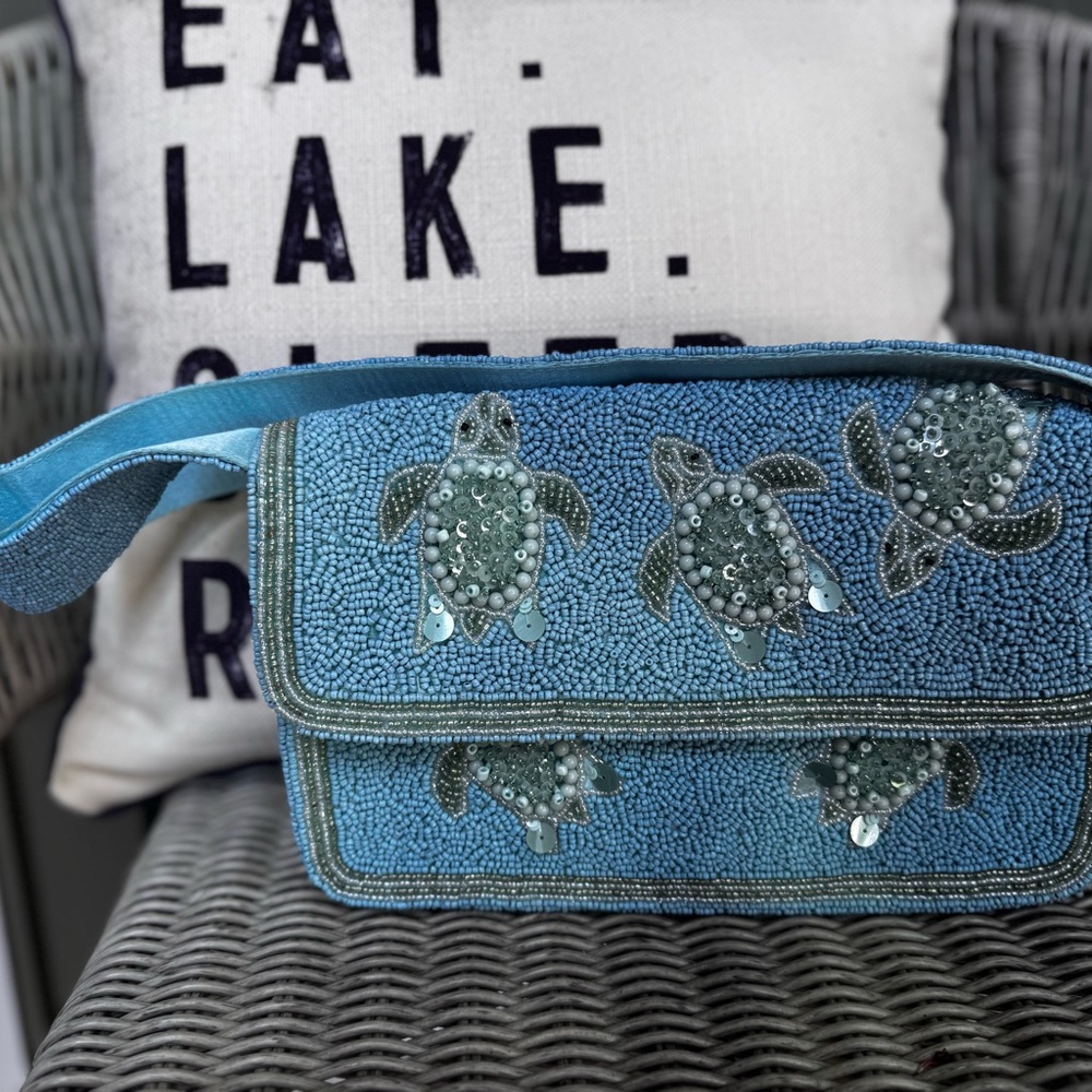 Blue Beaded Turtle Design Women's Bag